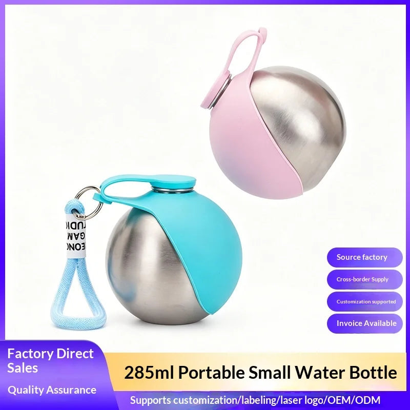 Portable Stainless Steel Pet Water Bottle with Foldable Silicone Bowl for Dogs and Cats Outdoor Walking Hiking Travel Use